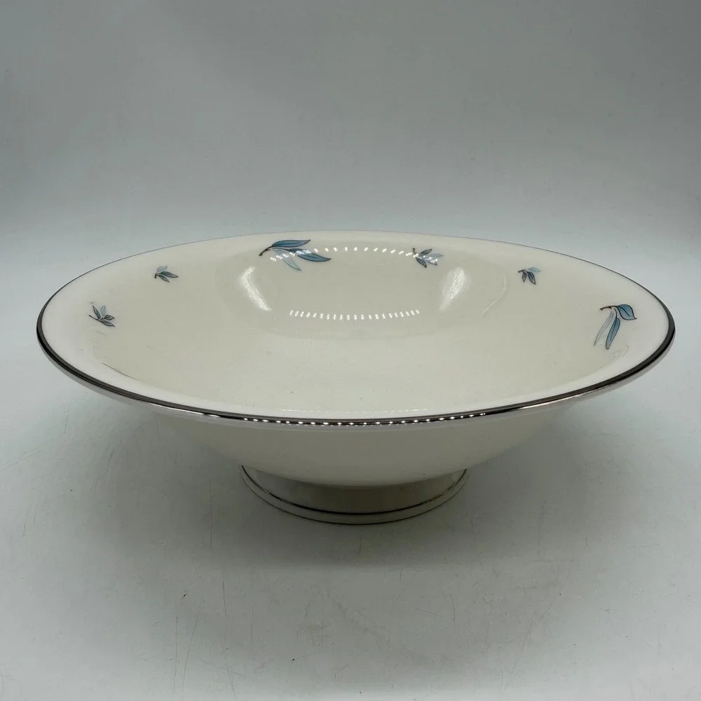 Syracuse China Evening Star Serving Bowl Blue Leaf Platinum Trim‎ Vintage